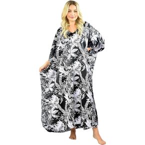 Womens Satin Caftan, Midnight Leaves Prints, One Size, Style Caf-15C2
