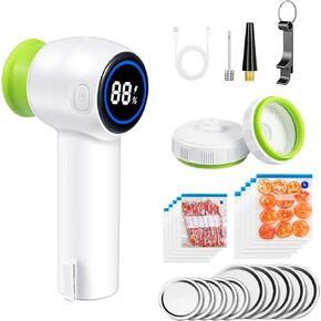 Electric Mason Jar Vacuum Sealer Digital Display Handheld Food Vacuum Sealer Machine with 10 Seal Bags & 10 Mason Jar Cover for Food Storage and Fermentation, Kitchen Tools