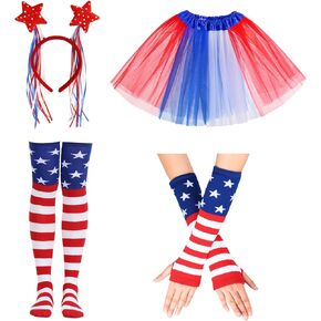 Women's Patriotic 4th of July Costume Accessories Set with Headband, Tutu Skirt, Arm Sleeves, Stockings for Independence Day Parade Halloween Canival 70s 80s Party