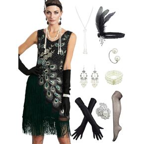 1920s Women Peacock Sequined Tassel Flapper Party Dresses w/ 20s Accessories Set