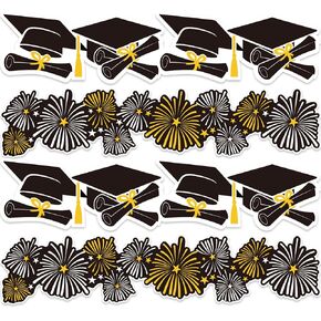 Whaline 69Ft Graduation Bulletin Board Border Graduation Cap Firework Shape Decoration Borders Black Gold White Graduation Bulletin Board Stickers for Holiday School Classroom Office Party Decor