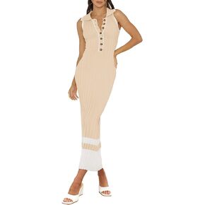 MITILLY Women's Summer Dresses 2024 Polo V Neck Sleeveless Maxi Dress Button Bodycon Ribbed Knit Long Dresses