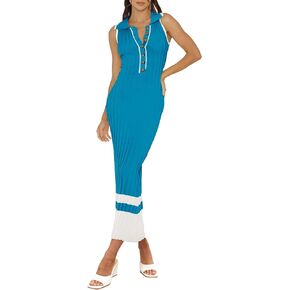 MITILLY فساتين الصيف النسائية 2024 بولو الخامس الرقبة بلا أكمام فستان ماكسي زر Bodycon مضلع متماسكة فساتين طويلة