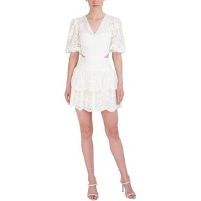 BCBGMAXAZRIA Women's Mini V Neck Puff Sleeve Cotton Eyelet a Line Dress