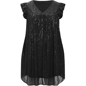 Beautife Women's Sequin Plus Size Mini Dress Ruffle Short Sleeve V Neck Babydoll A Line Glitter Club Party Dresses