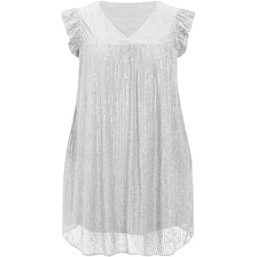 Beautife Women's Sequin Plus Size Mini Dress Ruffle Short Sleeve V Neck Babydoll A Line Glitter Club Party Dresses