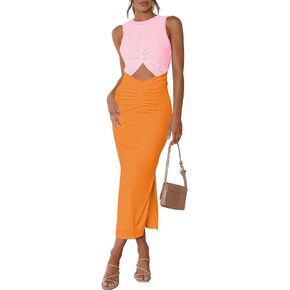 Ceuplon Women's Summer Bodycon Dresses Casual Crew Neck Side Slit Sleeveless Ribbed Cut Out Tank Top Long Dress