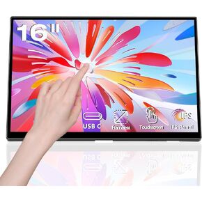Touchscreen Portable Monitor 16 Inch HD 1920x1200P Touch Screen USBC Monitor IPS Display, 300cd/m², External Portable Monitor for PC Laptop Phones Computer Ras Pi, Built-in Kickstand