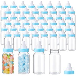 48 Pcs 4.5 Inch Baby Bottle Shower Favor Mini Plastic Candy Bottle Baby Shower Bottles Fillable Feeding Bottle Candy Box for Party Boy Girl Birthday Newborn Baby Baptism with Removable Blue Tops