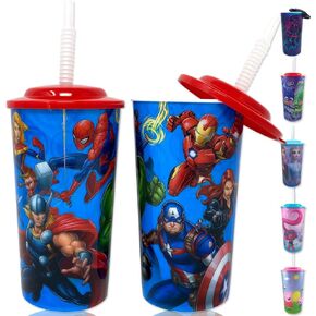 Zak Designs Ultimate Marvel Avengers Water Tumblers with Lid, Reusable Straw Deluxe Gift Set for Kids Boys Girls - Safe Approved BPA Goodies Home Travel