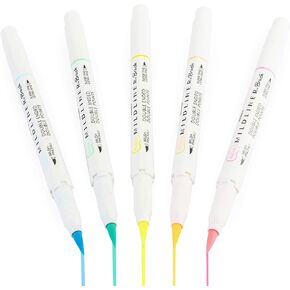Zebra Mildliner Brush Highlighter Pen - Brush and Marker Nib - Double Ended - Fluorescent Set of 5 in Wallet