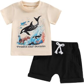 Toddler Baby Boy Clothes Summer Outfits Under The Sea Ocean Creatures T-shirt and Solid Shorts Set 1-5T