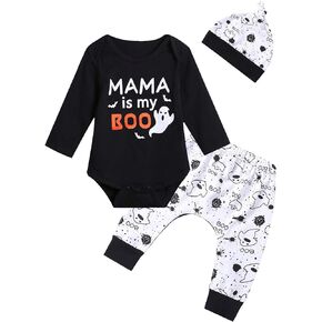 3PCS Baby Boys' Mama is My Boo Outfit Set Halloween Ghost Costume Pants Set