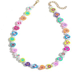 Rainbow Layered Flower Choker Necklace for Women Girls Chunky Link Chain Handmade Bohemian Colorful Pearl Bead Turquoise Choker Cute Summer Beach Jewelry