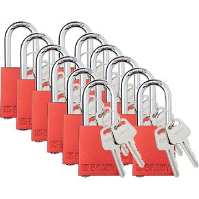 Brady Safety Lockout Padlock Sets - 12 Pack - Red - Keyed Alike Safety Lockout Padlocks - 2 Keys Per Lock - SDAL-RED-38ST-KA12