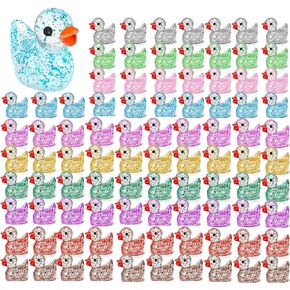 100pcs Glitter Mini Resin Ducks, 10 Colors, Miniature Figures Tiny Ducks, for DIY Garden Aquarium Dollhouse Ornament, Birthday Party Accessories