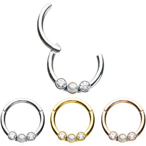 Pierced Owl - 16G 5/16" Stainless Steel Bezel Set Opal and Clear CZ Gems Hinged Segment Ring