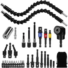 Flexible Drill Bit Extension Set, Including Right Angle Drill Attachmen, Rotatable Joint Socket 1/4 3/8 1/2 In Hex Socket Adapter, Bendable Drill Bit Extension and Drill Bit Holder Screwdriver Kit