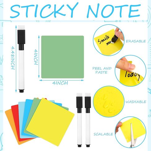 Crtiin 24 Pack Dry Erase Sticky Notes Reusable Whiteboard Stickers Washable Erasable Self Sticker with 2 Whiteboard Markers for School Office Labels Lists Reminder (Colorful, 3 x 3 Inch) in Saudi Arabia