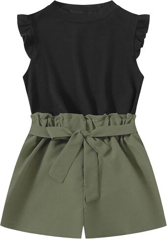 أطقم ملابس صيفية قصيرة للفتيات مكونة من قطعتين تي شيرت وشورت مع حزام وطبعة زهور in Kuwait