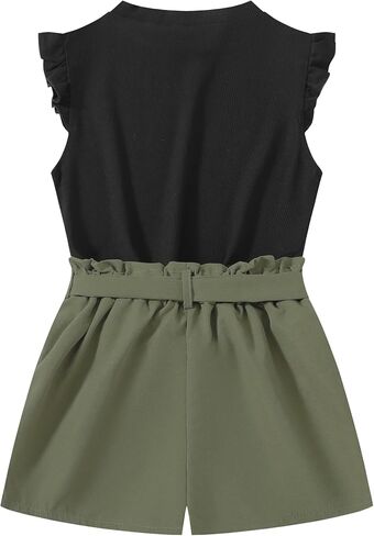 أطقم ملابس صيفية قصيرة للفتيات مكونة من قطعتين تي شيرت وشورت مع حزام وطبعة زهور in Kuwait