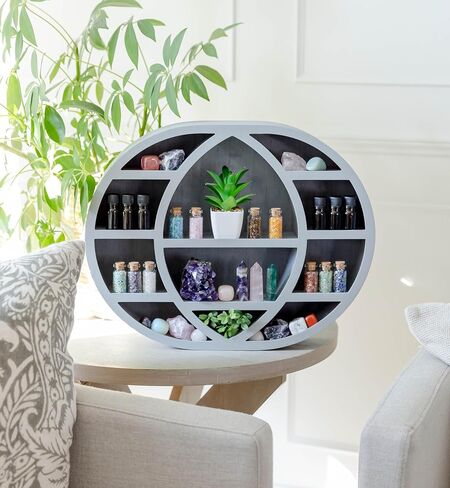Crescent Moon Shelf Decor - Wooden Moon Shelf for Crystals, Stones & Essential Oil Display, Moon Phase Wall Decor, Crystal Shelf Display, Boho Shelf for Bedroom - Patented -17 x 14 x 3.5 in. (Black) in Saudi Arabia