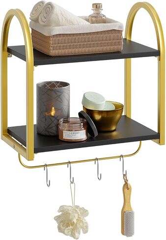 Bestier Black Floating Shelves for Wall, 2 Tier Black Shelves for Room Wall Decor with Towel Bar and Hooks, Gold Floating Shelves for Kitchen, Living Room, Bedroom, Bathroom, Classic Black in Kuwait