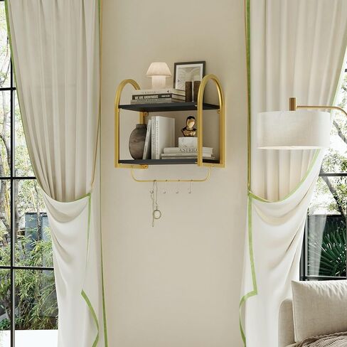 Bestier Black Floating Shelves for Wall, 2 Tier Black Shelves for Room Wall Decor with Towel Bar and Hooks, Gold Floating Shelves for Kitchen, Living Room, Bedroom, Bathroom, Classic Black in Kuwait