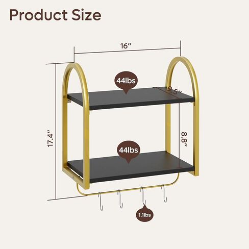 Bestier Black Floating Shelves for Wall, 2 Tier Black Shelves for Room Wall Decor with Towel Bar and Hooks, Gold Floating Shelves for Kitchen, Living Room, Bedroom, Bathroom, Classic Black in Kuwait