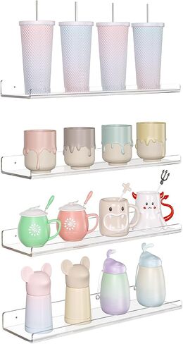 Set of 4 Clear Arcylic Floating Shelves, Display Wall Shelf Organizer for Books Cosmetics Tumblers Cups Perfume, Wall Mounted Shelves for Bathroom Bedroom Kitchen Office in Saudi Arabia