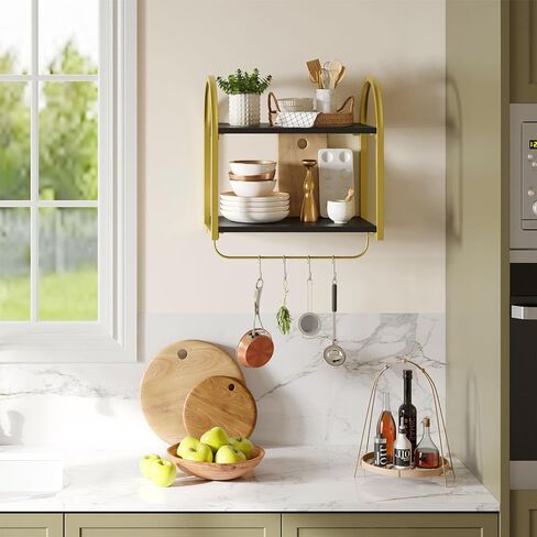 Bestier Black Floating Shelves for Wall, 2 Tier Black Shelves for Room Wall Decor with Towel Bar and Hooks, Gold Floating Shelves for Kitchen, Living Room, Bedroom, Bathroom, Classic Black in Kuwait