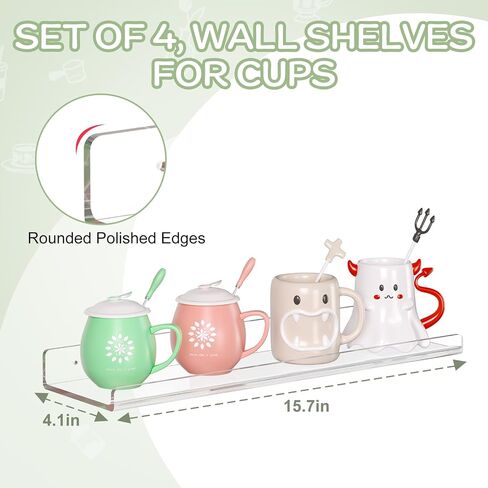 Set of 4 Clear Arcylic Floating Shelves, Display Wall Shelf Organizer for Books Cosmetics Tumblers Cups Perfume, Wall Mounted Shelves for Bathroom Bedroom Kitchen Office in Saudi Arabia