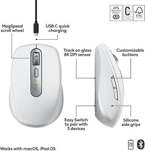 Logitech MX Anywhere 3S for Mac, Compact Wireless Bluetooth Mouse, 8K DPI Any-Surface Tracking, Quiet Clicks, USB C, Wireless Mouse for MacBook Pro, MacBook Air, iMac, iPad - Pale Grey in Saudi Arabia