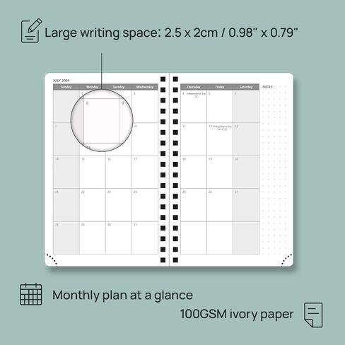 POPRUN Planner 2024-2025 Weekly Notebook Pocket Size 4''x 6.25'' - Small Academic Calendar for Purse with Spiral Soft Cover, Plastic Ruler, Inner Pocket, 100 GSM - Cerulean Blue in Saudi Arabia