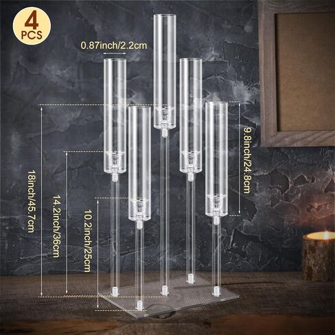 Hushee 4 Set 5 Arms Acrylic Candelabras Centerpieces with 20 Pcs LED Candles Clear Candle Holder Crystal Taper Candlestick with Rectangular Base for Dinner Party Table Fireplace Christmas Decoration in Kuwait