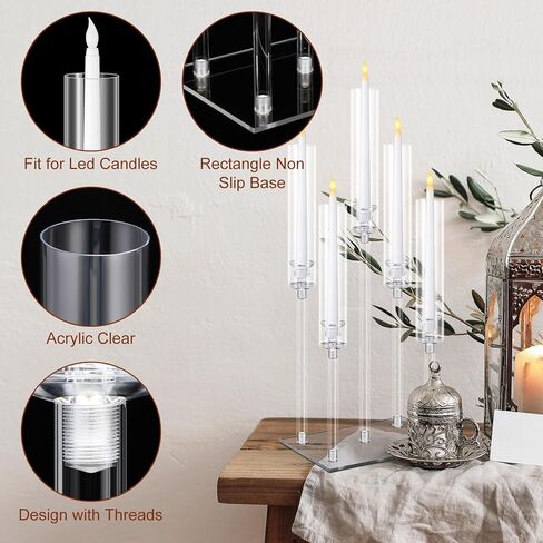 Hushee 4 Set 5 Arms Acrylic Candelabras Centerpieces with 20 Pcs LED Candles Clear Candle Holder Crystal Taper Candlestick with Rectangular Base for Dinner Party Table Fireplace Christmas Decoration in Kuwait