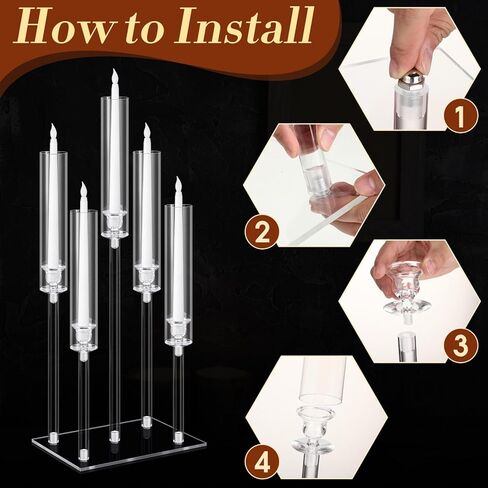 Hushee 4 Set 5 Arms Acrylic Candelabras Centerpieces with 20 Pcs LED Candles Clear Candle Holder Crystal Taper Candlestick with Rectangular Base for Dinner Party Table Fireplace Christmas Decoration in Kuwait