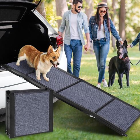 منحدر للكلاب للشاحنة، منحدر للكلاب مقاس 67 بوصة للسيارة وسيارات الدفع الرباعي والشاحنات، سلالم محمولة قابلة للطي للحيوانات الأليفة مع سطح سجادة غير قابلة للانزلاق، منحدر للكلاب في السيارة يصل إلى 250 رطل، سلالم للكلاب الكبيرة جدًا، إطار من الألومنيوم خفيف in Kuwait