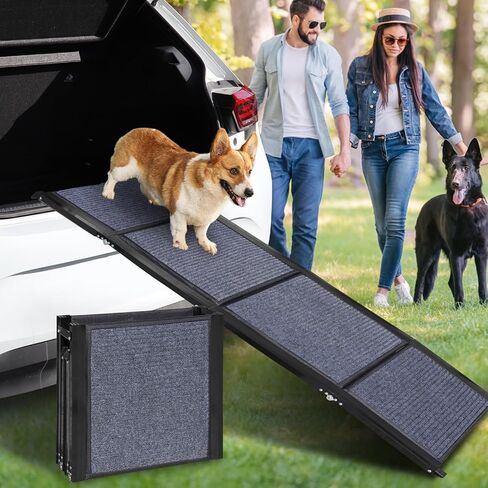 منحدر للكلاب للشاحنة، منحدر للكلاب مقاس 67 بوصة للسيارة وسيارات الدفع الرباعي والشاحنات، سلالم محمولة قابلة للطي للحيوانات الأليفة مع سطح سجادة غير قابلة للانزلاق، منحدر للكلاب في السيارة يصل إلى 250 رطل، سلالم للكلاب الكبيرة جدًا، إطار من الألومنيوم خفيف in Kuwait