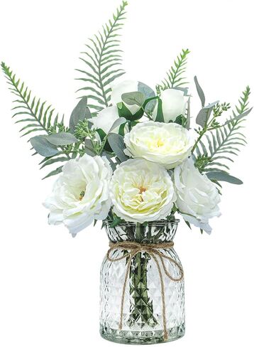 Faux Flowers in Vase with Fake Water, Artificial Silk Roses in Vase, Fake Plant Eucalyptus Flower Arrangement for Home Office Farmhouse Bathroom Dining Table Centerpiece Decorations (White) in Saudi Arabia