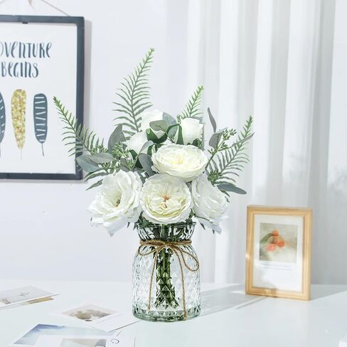 Faux Flowers in Vase with Fake Water, Artificial Silk Roses in Vase, Fake Plant Eucalyptus Flower Arrangement for Home Office Farmhouse Bathroom Dining Table Centerpiece Decorations (White) in Saudi Arabia