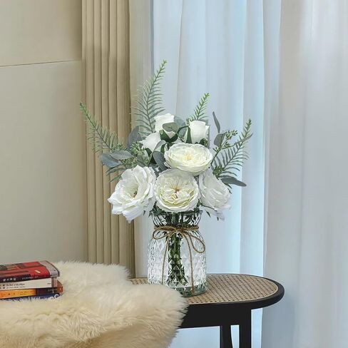 Faux Flowers in Vase with Fake Water, Artificial Silk Roses in Vase, Fake Plant Eucalyptus Flower Arrangement for Home Office Farmhouse Bathroom Dining Table Centerpiece Decorations (White) in Saudi Arabia