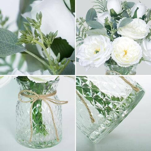 Faux Flowers in Vase with Fake Water, Artificial Silk Roses in Vase, Fake Plant Eucalyptus Flower Arrangement for Home Office Farmhouse Bathroom Dining Table Centerpiece Decorations (White) in Saudi Arabia