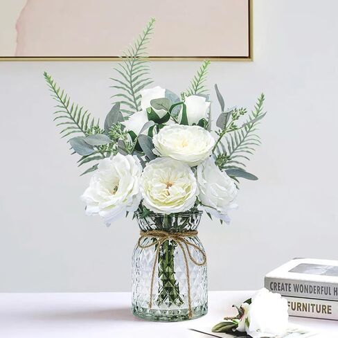 Faux Flowers in Vase with Fake Water, Artificial Silk Roses in Vase, Fake Plant Eucalyptus Flower Arrangement for Home Office Farmhouse Bathroom Dining Table Centerpiece Decorations (White) in Saudi Arabia