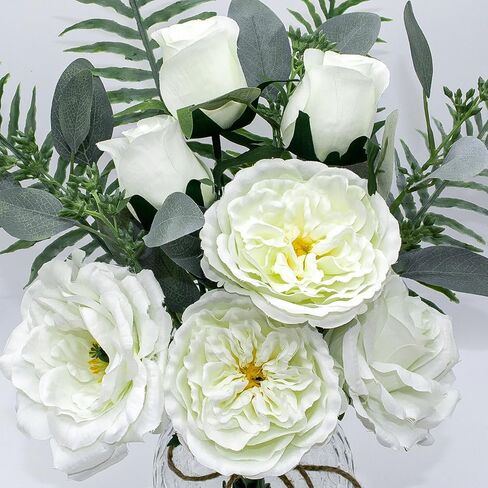 Faux Flowers in Vase with Fake Water, Artificial Silk Roses in Vase, Fake Plant Eucalyptus Flower Arrangement for Home Office Farmhouse Bathroom Dining Table Centerpiece Decorations (White) in Saudi Arabia