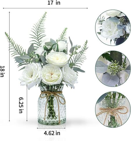 Faux Flowers in Vase with Fake Water, Artificial Silk Roses in Vase, Fake Plant Eucalyptus Flower Arrangement for Home Office Farmhouse Bathroom Dining Table Centerpiece Decorations (White) in Saudi Arabia