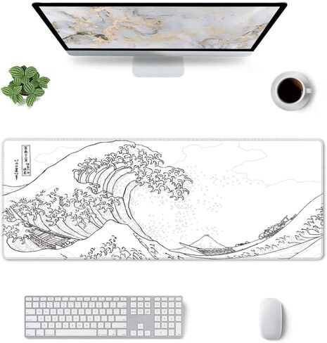 Japanese Gaming Mouse Pad-Large Black Mouse Pad Anime Extended Kanagawa Mosue Mat Desk Pad 3mm Thick Long Non-Slip Rubber Base with Stitched Edges for Gaming Office Home, 31.5 X 11.8 Inch in Saudi Arabia