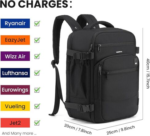 حقائب Omnpak Cabin مقاس 16 × 10 × 8 بوصة (40 × 25 × 20 سم) لـ Ryanair، حقيبة ظهر للأغراض الشخصية، حقائب حمل تحت المقعد، حقائب ظهر للسفر بحجم المقصورة، حقائب ظهر معاد تدويرها صديقة للبيئة من PET 20 لتر in Kuwait