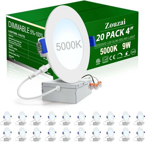 20 حزمة من مصابيح السقف LED الرفيعة للغاية مقاس 4 بوصات مع صندوق وصلات 5CCT قابل للتعديل وخافت للضوء النازل - معتمد من ETL وEnergy Star in Kuwait