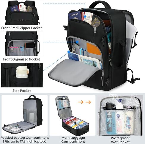 RAINSMORE Travel Backpack for Men Women 40L Carry On Backpack Airline Approved 17 Inch Large Laptop Backpack Waterproof Luggage Computer Daypack Business College Weekender Overnight Backpack Black in Saudi Arabia